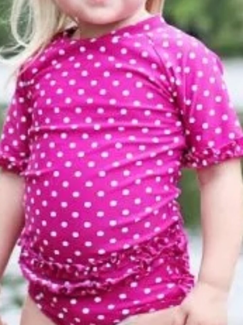 Ruffle Butts Pink and White Polka Dot short sleeve Rash-guard. Size 18-24 months